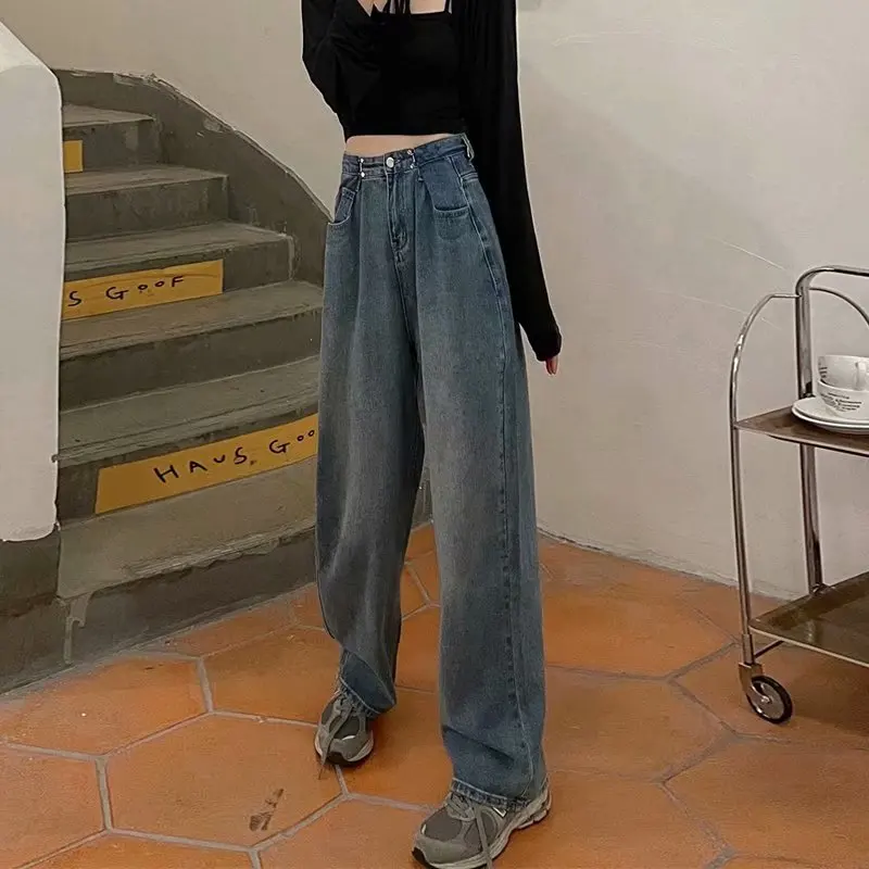 

Модные женские джинсы y2k в Корейском стиле с регулируемой высокой талией и широкими штанинами, прямые брюки, узкие облегающие брюки для пола