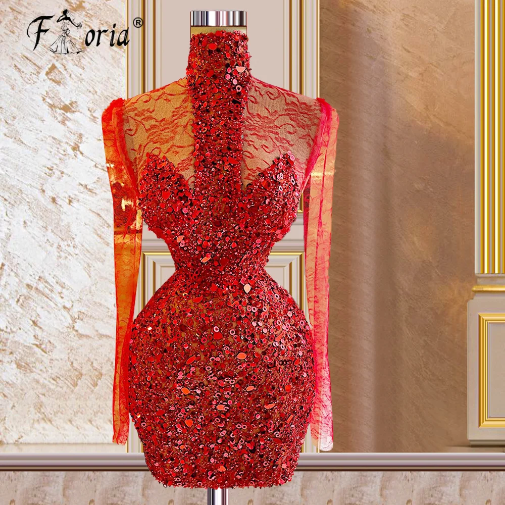 

Sexy Red Beaded Short Prom Dresses Arabic Formal Party Dress Long Sleeve Graduation Aso Ebi African Mini Cocktail Skirt