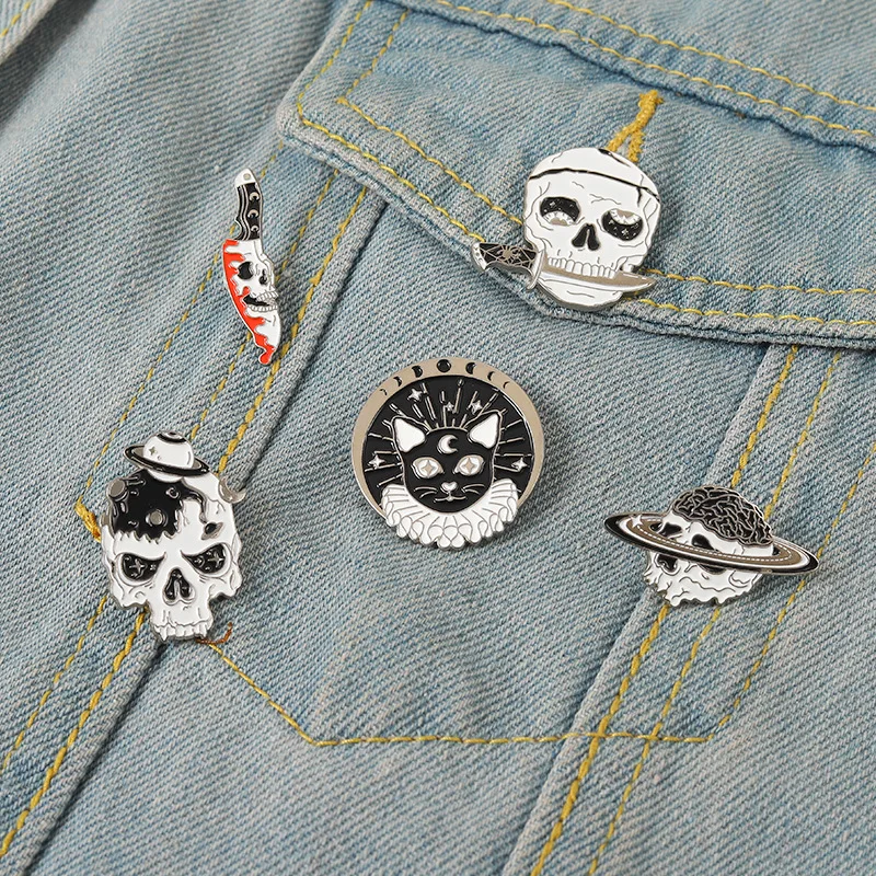 

Black and white skull Brooch kitten skull knife skull love and death pin skull Lapel Pin Badge skull jewelry