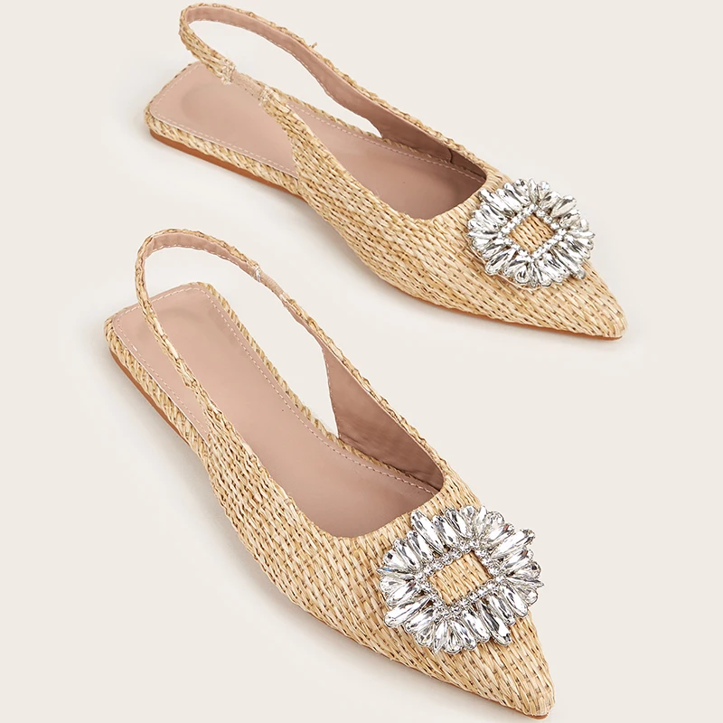 

Women Sandals Luxury Rhinestones Mules 2022 Weave Casual Outside Slides Female Shoes Designer Gladiator Pointed Toe Party Flats