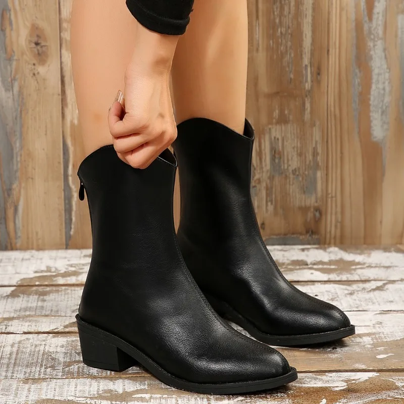 

Женские повседневные ботинки до середины икры, современные ботинки на молнии сзади, женская обувь с острым носком и шитьем на квадратном каблуке, лидер продаж 2023