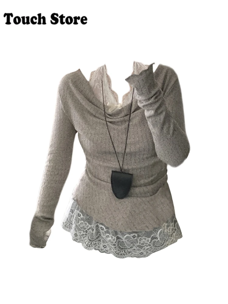 Осень Зима Женщины Корейский Shoujo Coquette Design Fake Two Pieces Crop Top Y2k 2000s Кружевные футболки