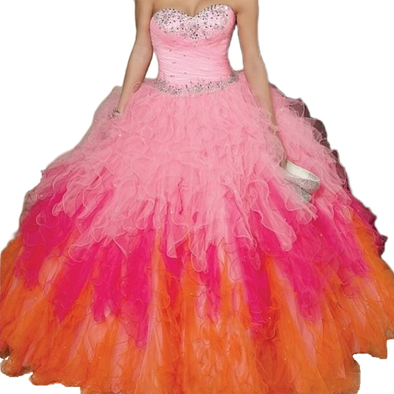 Красочные тюлевые платья с оборками 15 Quinceanera милое женское бальное платье в пол