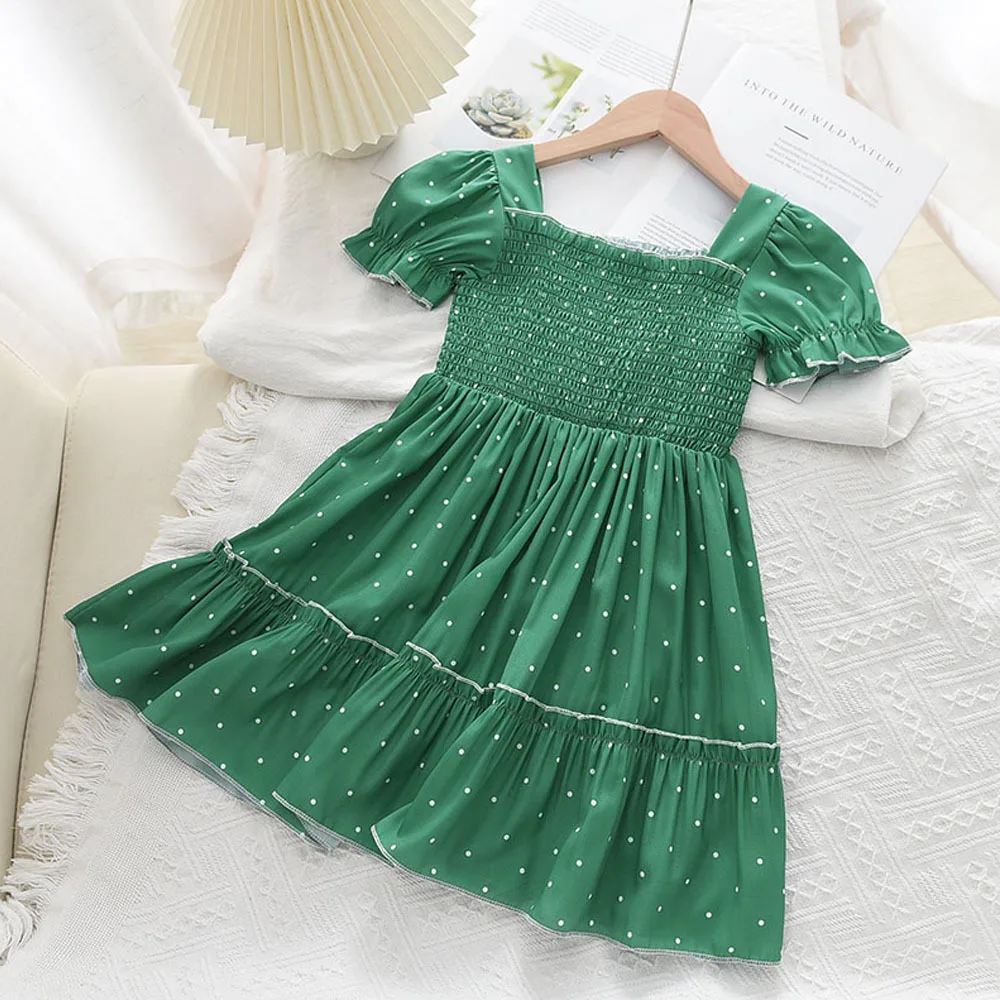 

2022 New Summer Girls Dress Polka Dot Pattern Square Collar Puff Sleeves Princess Dress For 2-6 Years Old Kids Party Dress