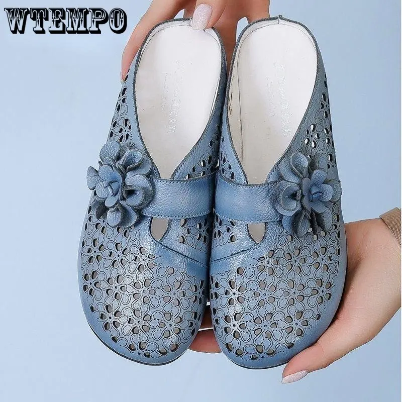 

WTEMPO Women Soft Leather Half Slippers Ladies Solid Anti-skid Soft Bottom Hole Shoes Sandals Hollow Out Flower Flats Footwears