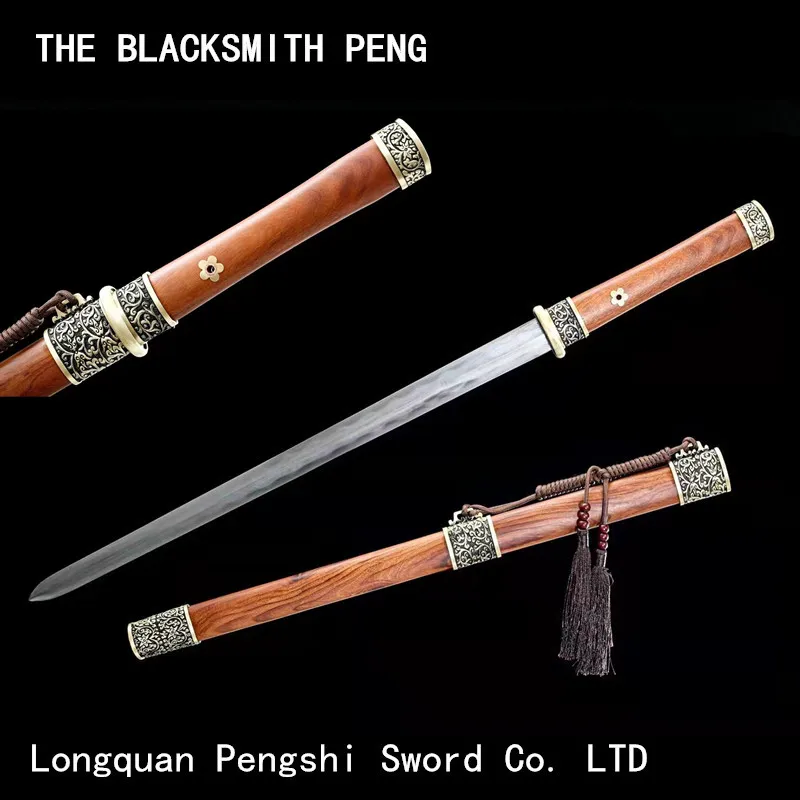 

Pattern steel Clay Tempered Blade Real Hamon Tang swords acid branch wood sheath copper fittings Chinese handmade Han Swords