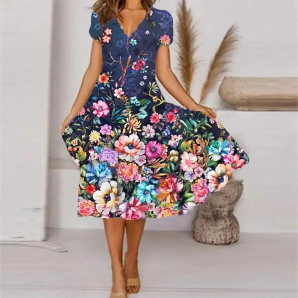 

NEW Short Sleeve V-Neck Floral Printed Dresses Summer A-Line Elegant Mid-Calf Bohemian Women Boho Long Maxi Dress