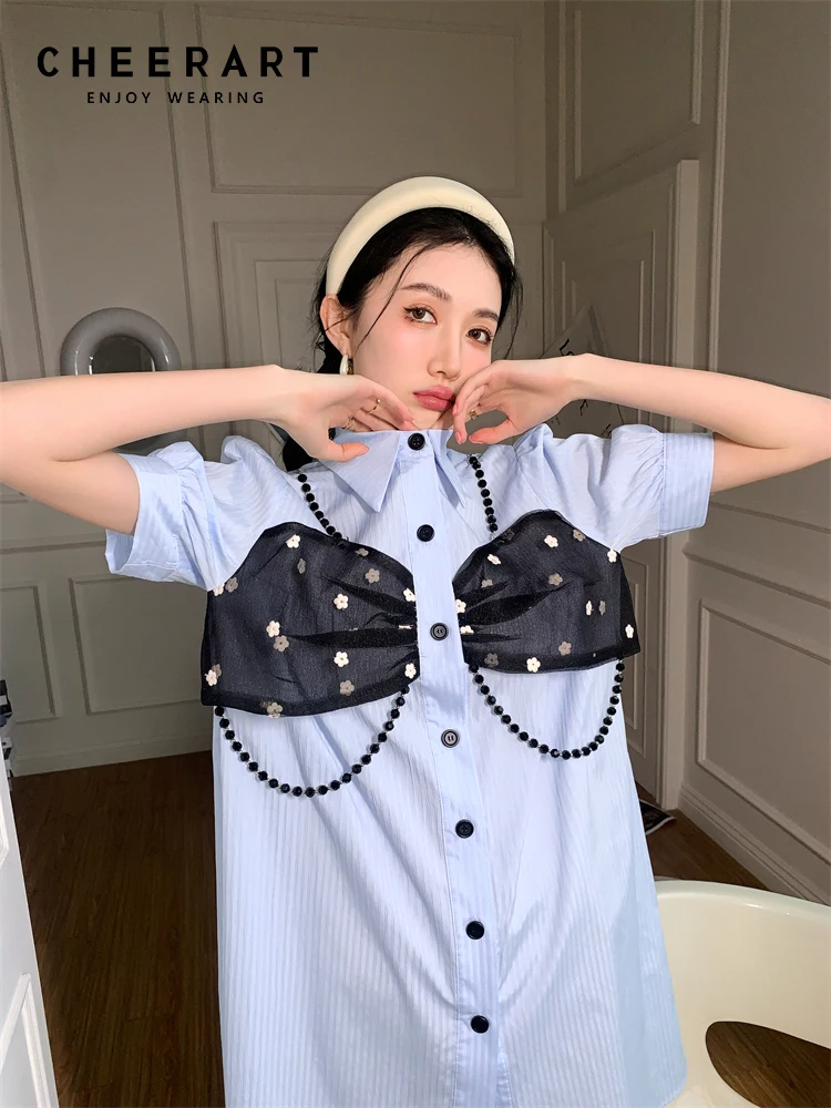 

CHEERART Designer Puff Sleeve Striped Blue Summer Shirt Dress For Women 2022 Korean Fashion Short Sleeve Button Up Collar Dress