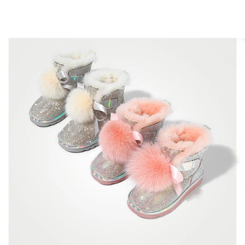 2022 Winter New-Style soft bottom Warm Ankle Boots For Baby Girls Kids Shiny Plush Snow Boot Hairball Children Soft Shoes