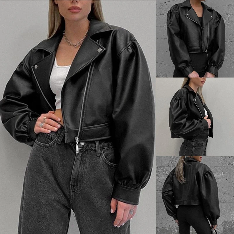 

ASDS-Long Sleeve Pu Leather Coat Women Button Zipper Fashion Loose Coat Black Autumn Winter Outwear Coat