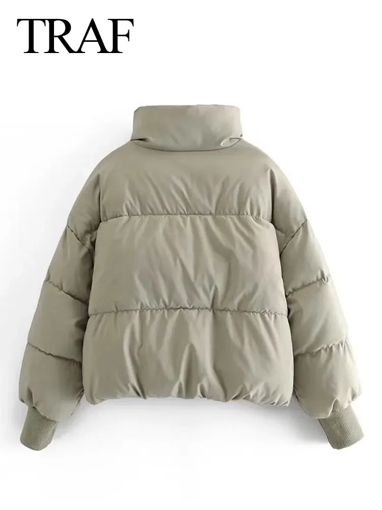 TRAF Women's Cotton Coats Warm Fashion Vintage Solid Long Sleeve High Neck Zipper Pocket Jackets Female Winter Outerwear