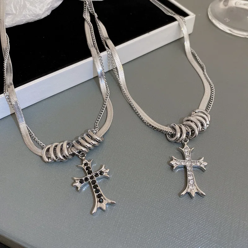 

Cool Wind Diamond Cross Pendant Necklace for Women New Double Layer Sweater Chain Necklace Snakes Chain Fashion Jewelry Gift