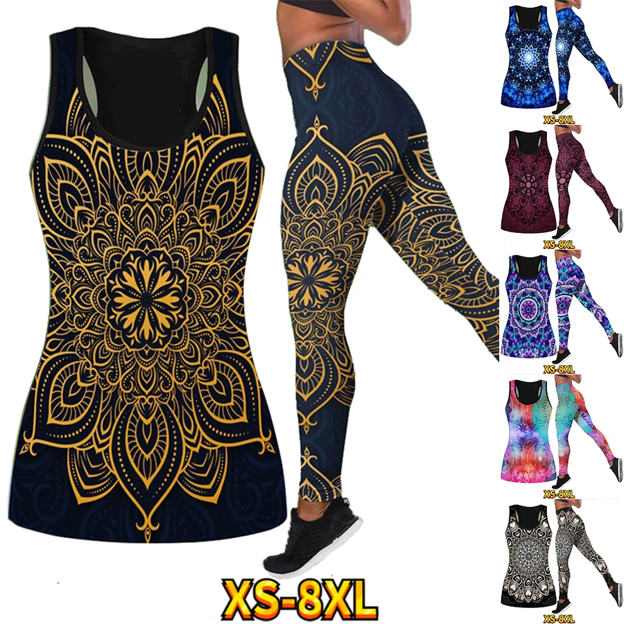 Mandola Patterned Women Vest Summer Workout Running Yoga Pants Color Patterned Printed Body Sculpting Buttocks Suit XS-8XL
