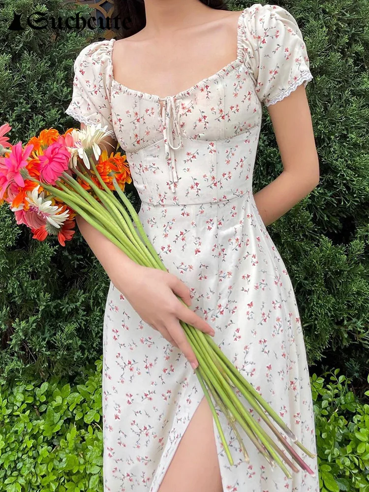 

Милое милое платье-миди с цветочным принтом, сексуальное винтажное женское платье без рукавов с разрезом для вечерние, корейская мода, элег...