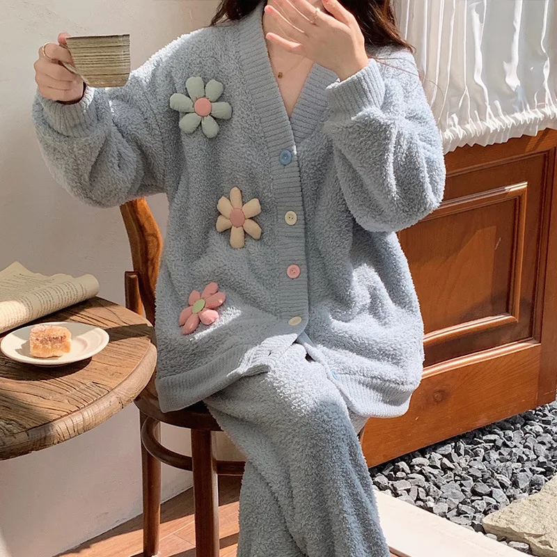 

Осенне-зимняя одежда для сна с цветочным принтом, Топ с длинным рукавом и широкие штаны с высокой талией, вы можете носить его на улице.