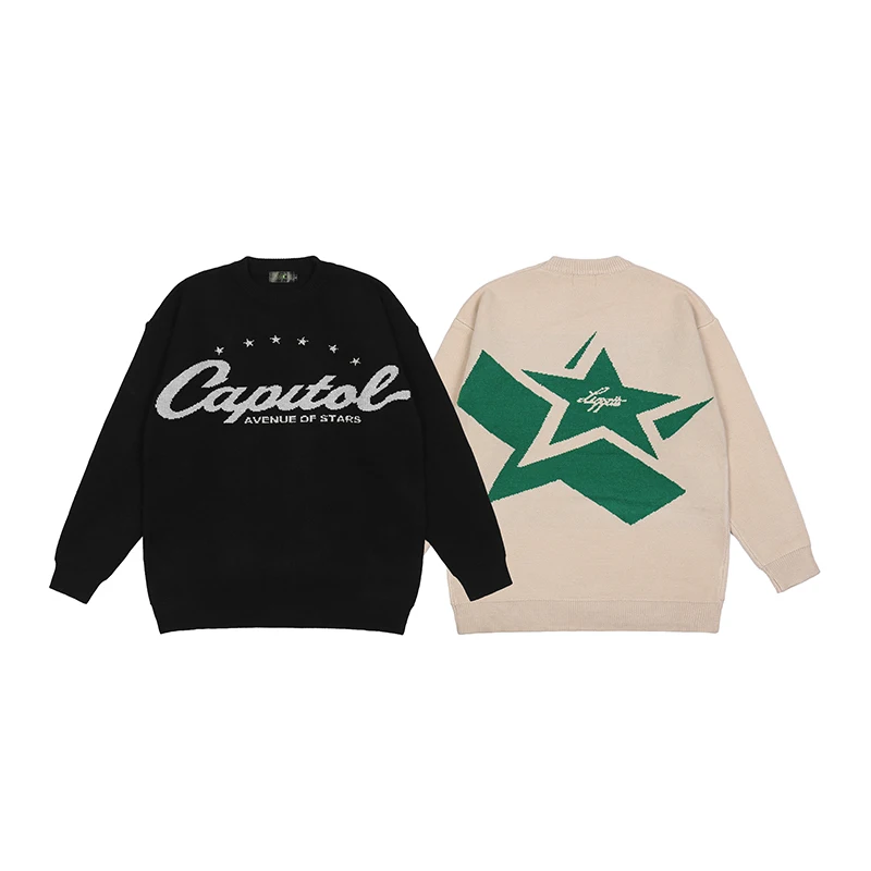 

Japanese Retro Alphabet Stars Crew Neck Sweater Men and Women Pullover High Street Oversize Loose Casual Autumn Sweaters
