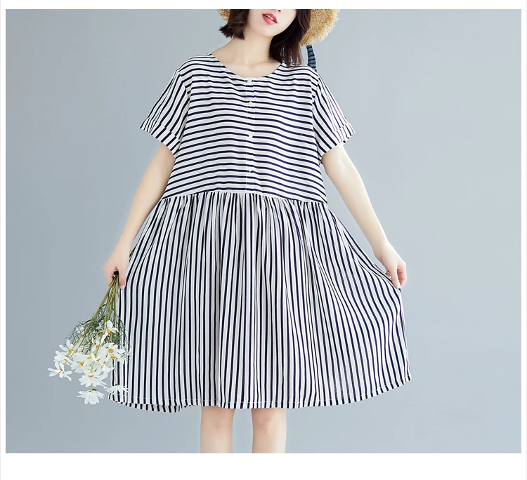 

Summer Woman Chiffon Knee-length O-neck New Fashion Loose Striped Print Short Sleeves Oversizes Dresses Female