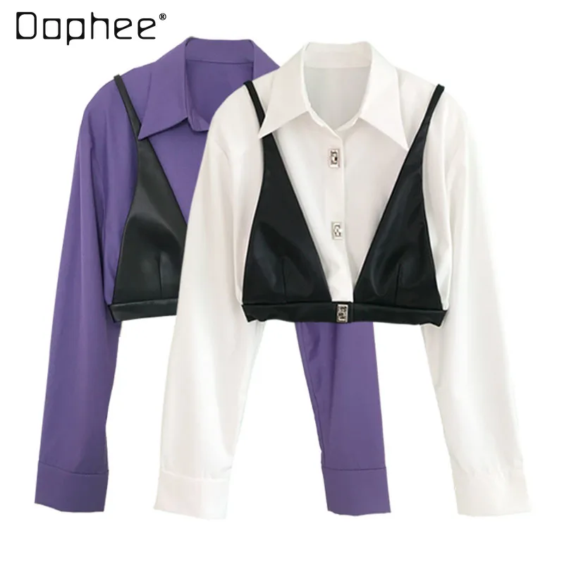 

Casual Woman Slimming Metal Lock Catch Purple Shirts Spring 2022 Lapel PU Leather Camisole Long Sleeve Top Blusas Rojas Mujer