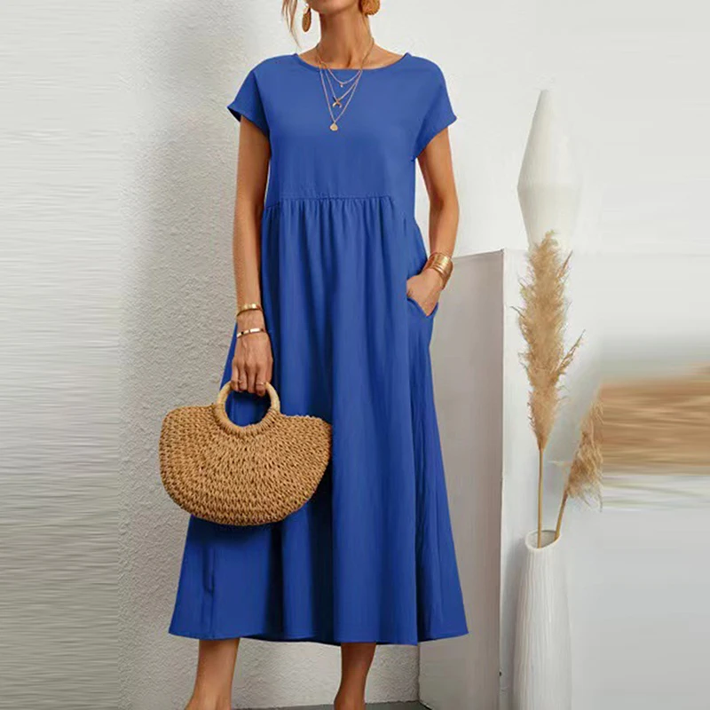 

Женское элегантное однотонное платье макси, летнее винтажное платье с коротким рукавом и круглым вырезом, свободный сарафан из хлопка и льна в стиле Харадзюку, длинное платье с карманами Y2K