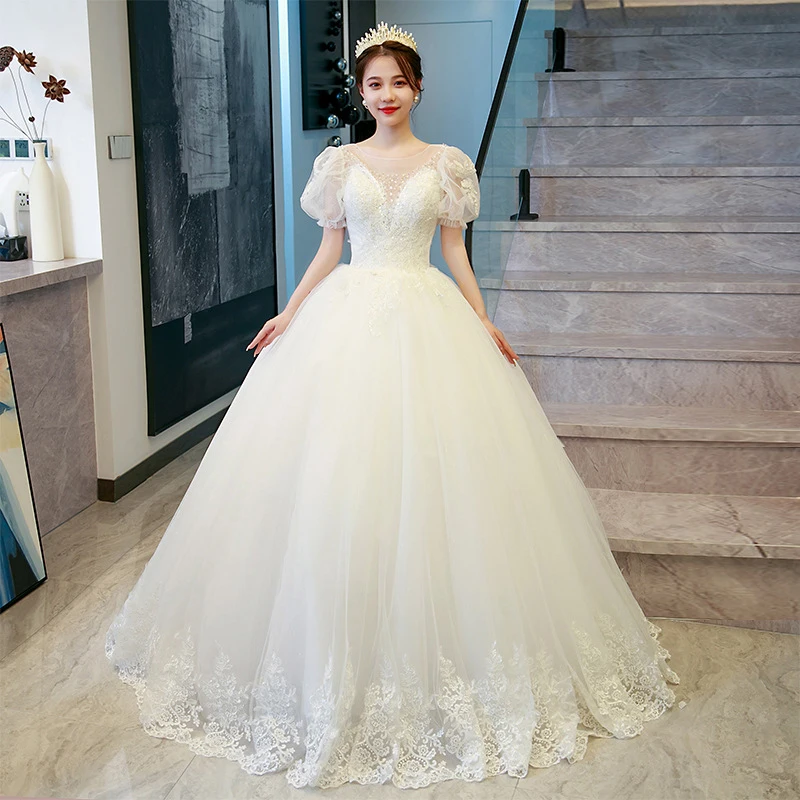 

Puff Sleeves Plus Sizes Vestido De Noiva 2023 Wedding Dress Ivory Floor Length Lace Edge Appliqes Bridal Mariage Gown