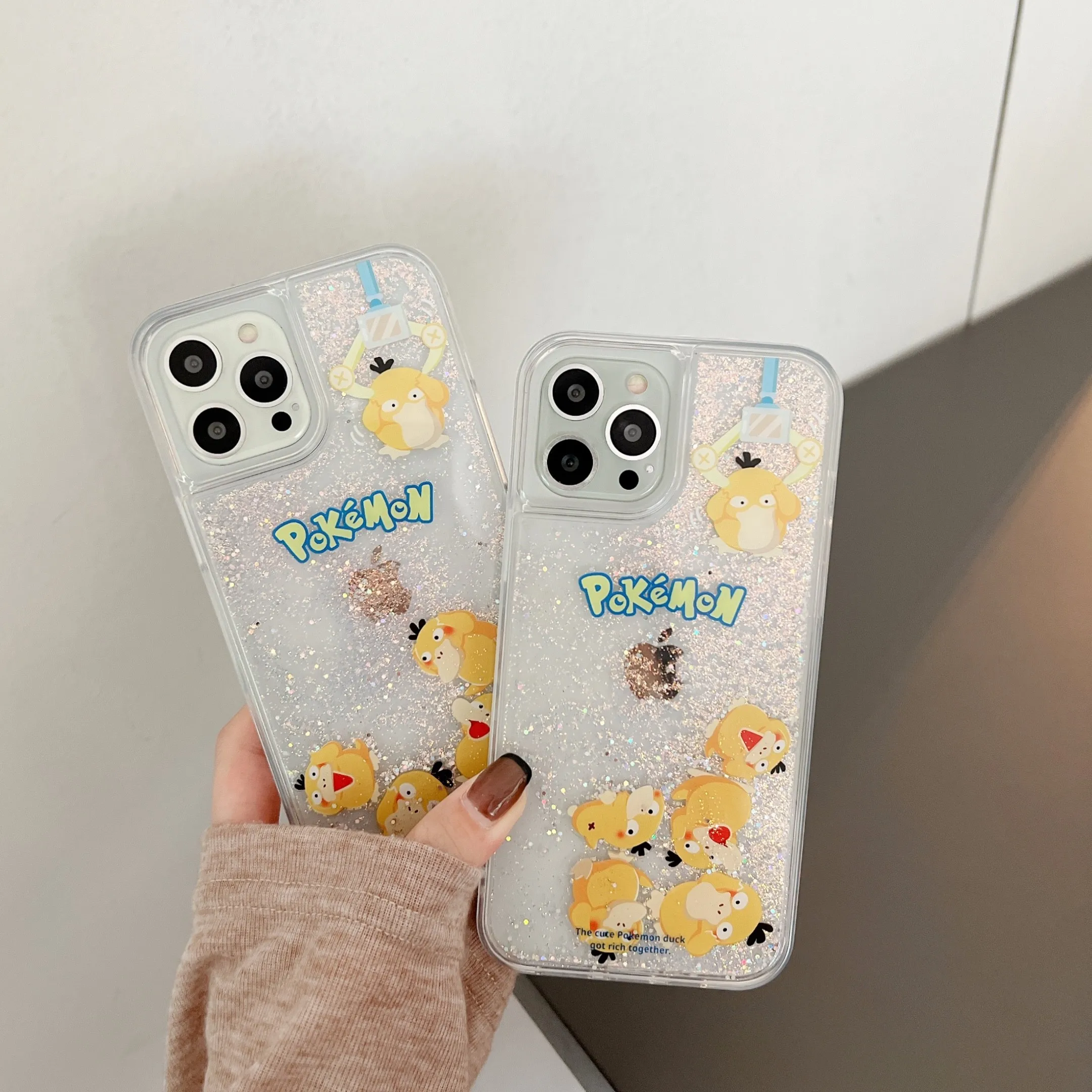 

Pokémon Psyduck Cartoon Luxury Quicksand Phone Cases For iPhone 13 12 11 Pro Max XR XS MAX X Couple Anti-drop Soft Cover Fundas