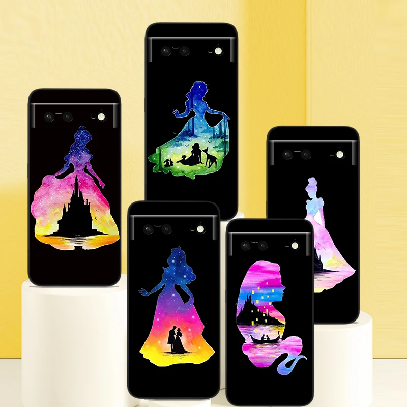 

Phone Case For Google Pixel 7 6 Pro 6A 5A 5 4 4A XL 5G Black Shell Soft Cover Disney Silhouette Princess Fundas Coque Capa