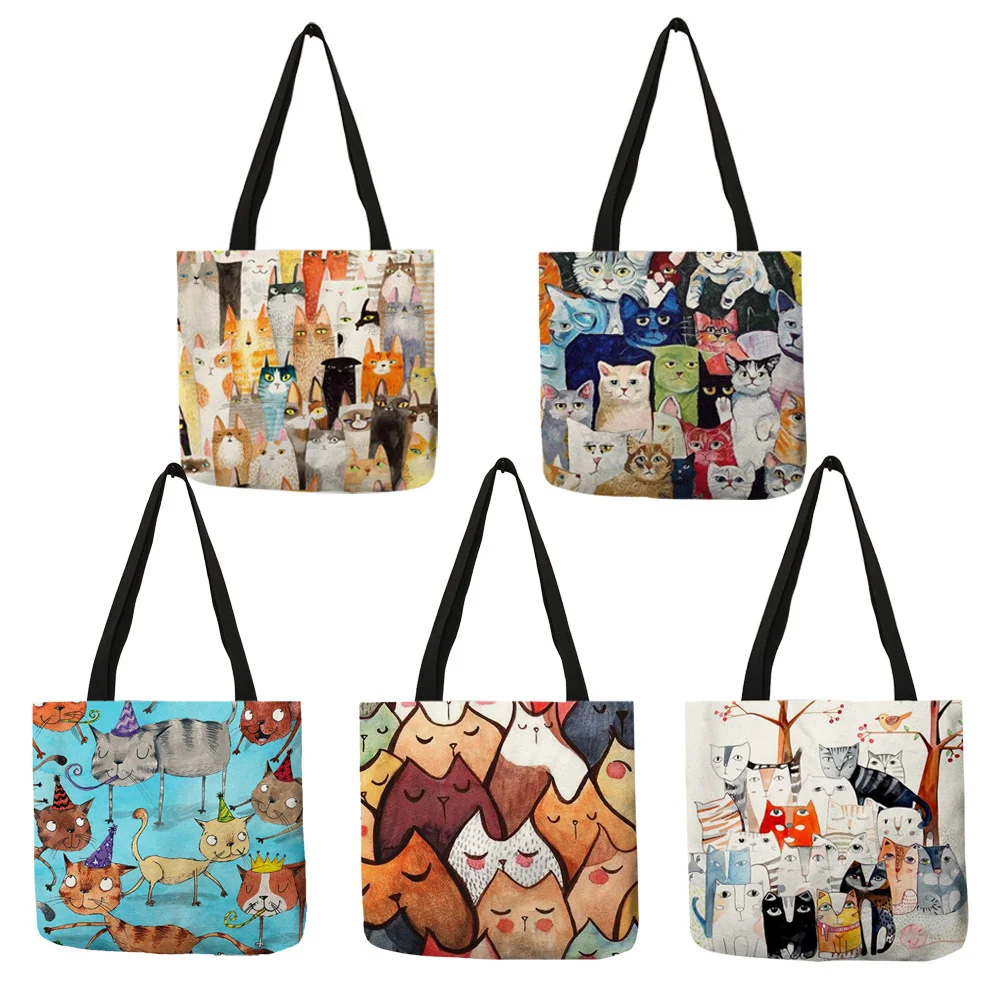 

Дизайнерская Льняная сумка-тоут с милым мультяшным аниме котом, женские сумки, школьные дорожные сумки через плечо для покупок, многоразовые