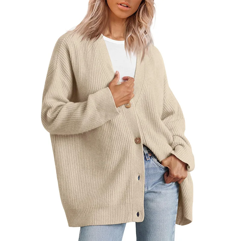 

Simple and Versatile Knitted Cardigan 2023 Online European and American Style Button V-Neck Solid Sweater for Women