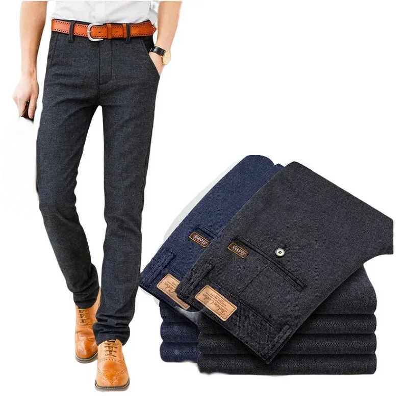 

Брюки мужские облегающие повседневные, длинные модные деловые прямые штаны из хлопка и льна, брендовые эластичные