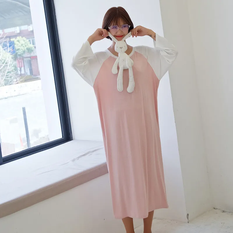 Korean Version Loose Nightdress Women Long Sleeve Modal Round Neck Sleep Dress Matching Color Nightshirt Female Sleepwear