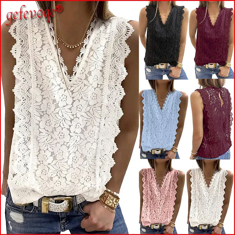 

Sexy Elegant Chic Lace Sleeveless Women's T Shirt 2022New Summer Fashion Loose Solid Vest V-neck Casual Tank Top Female Clothing