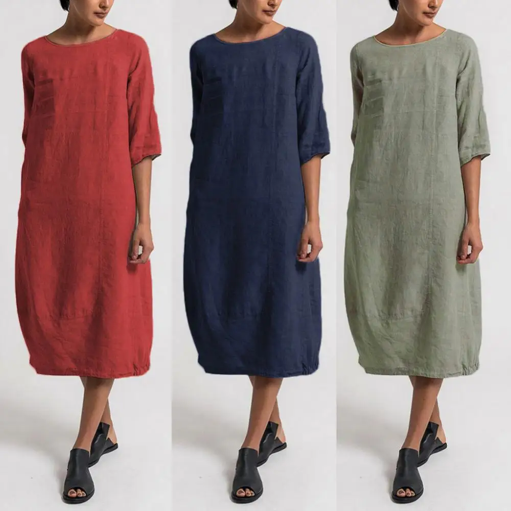 

Vintage Summer Women Solid Color O Neck Half Sleeve Linen Soft Loose Midi Dress Midi Dress
