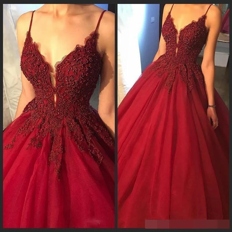 

2018 Quinceanera dresses Ball Gown 2019 Dark Red Spaghetti Straps Lace Appliques Beading Puffy Keyhole Tulle Party Prom dress