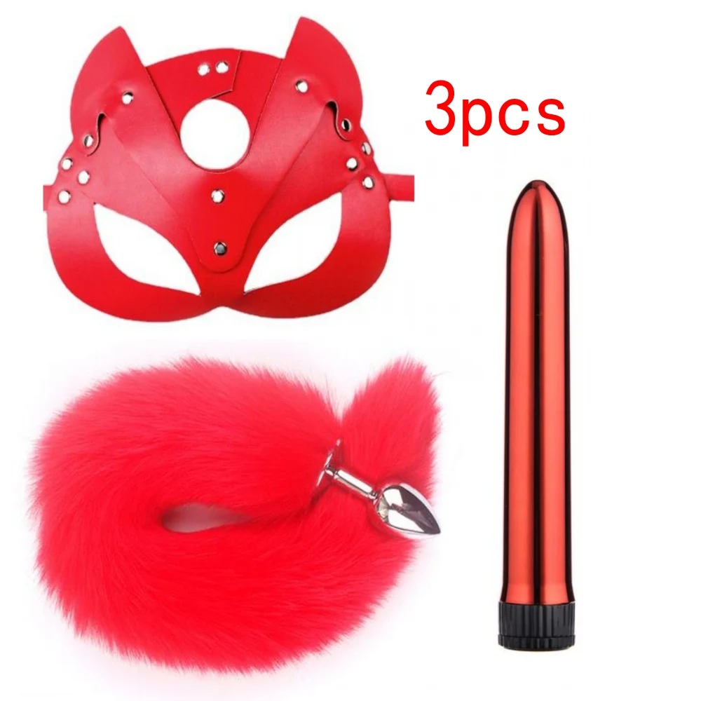 40CM Fox Tail Anal Plug With Leather Cat Mask Porn Fetish BDSM Bondage PU Leather Roleplay Sex Toy For Men Women Cosplay Games