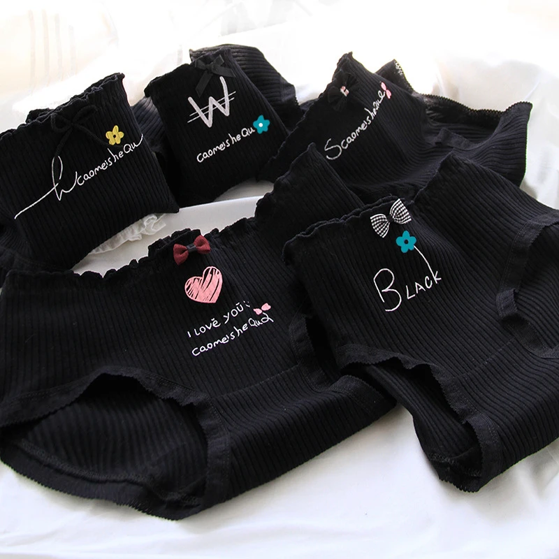

Women's Black Cotton Shorts Underpants Threaded Bow Knot Mid Waist Briefs Intimates Women Lingerie Cute Solid Color Panty