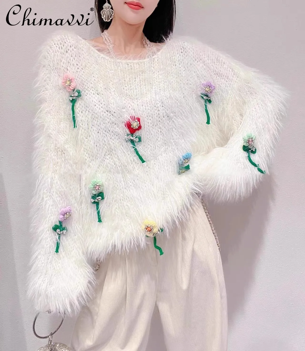 

Свитер женский осенне-зимний, Модный милый приталенный свободный облегающий пуловер из искусственного меха норки с тяжелыми цветами, в Корейском стиле