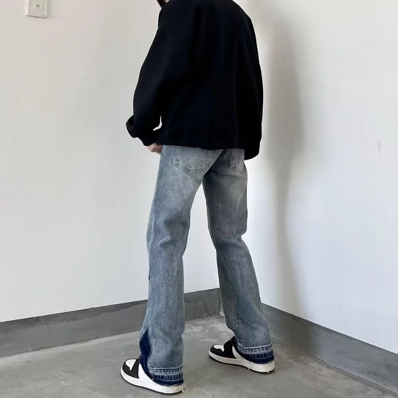 DEEPTOWN Patchwork Jeans Men Classic Hole Cross Straight Denim Pants Hip Hop Casual Loose Trousers Male Washed Fashion Spring