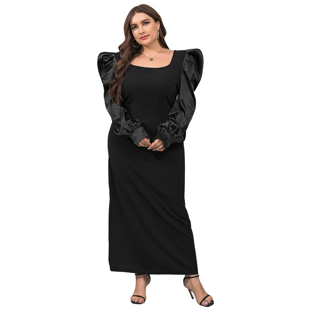 Plus Size Women Clothing 2023 Spring And Autumn New Large Women's Fashion Square Neck Bubble Sleeve Loose Elegant Dress