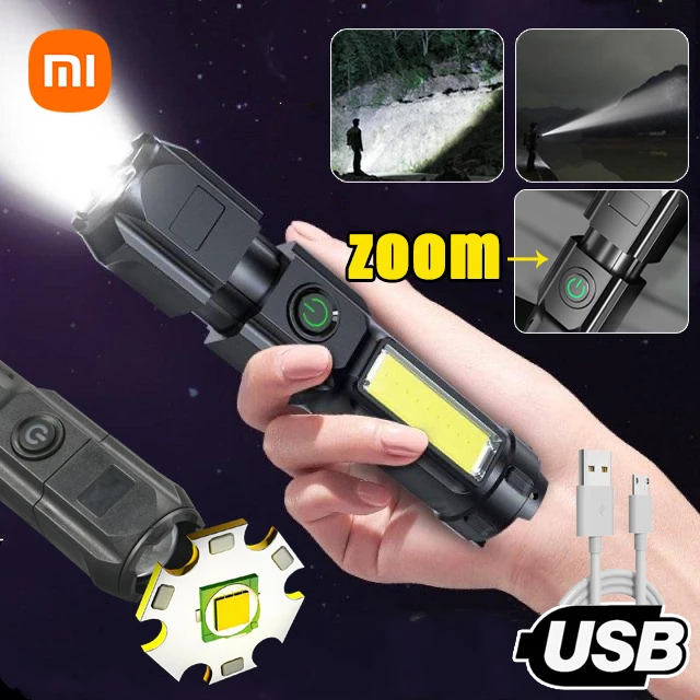 

XIAOMI MINI Flashlights High Power LED Flashlight Telescopic Zoom Powerful USB Charging Spotlight Long-Range Flood Camping Torch