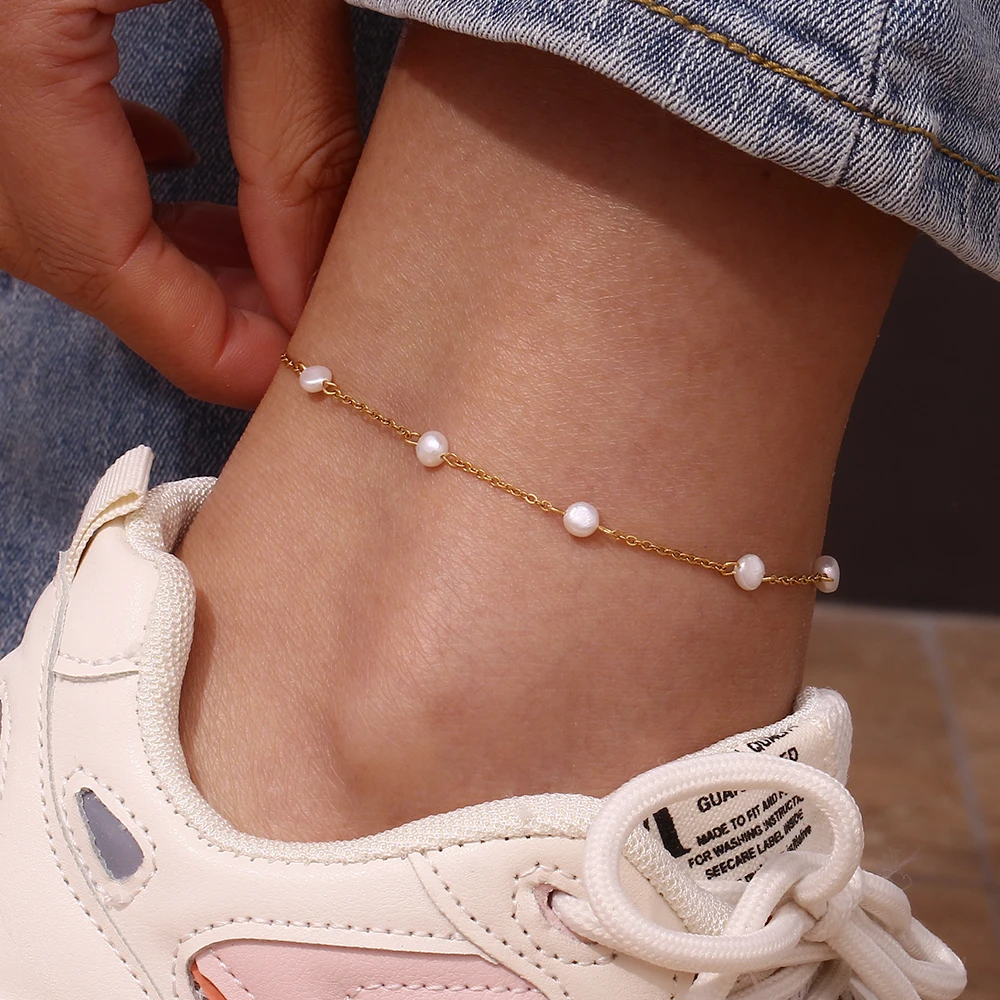 Hypoallergenic Water Resistant Freshwater Pearl Stainless Steel Chain Foot Leg Bracelets Anklets For Girl Beach Holiday Jewelry