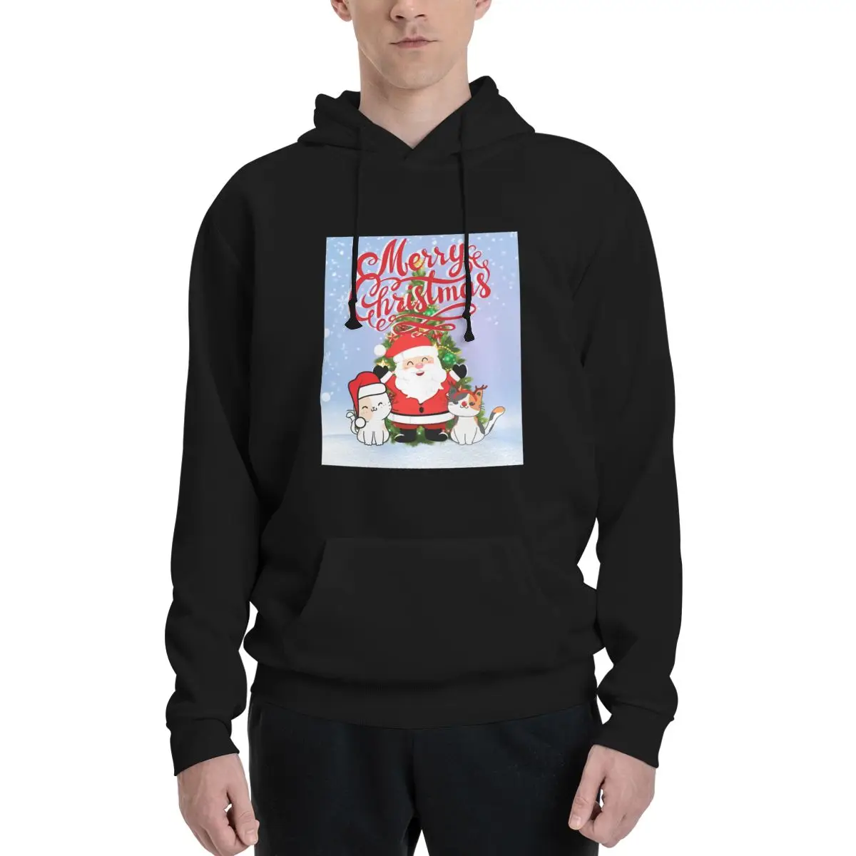 

Merry Christmas Wishes Santa And Cats Classic Polyester Hoodie Men's Women's Sweater Size XXS-3XL