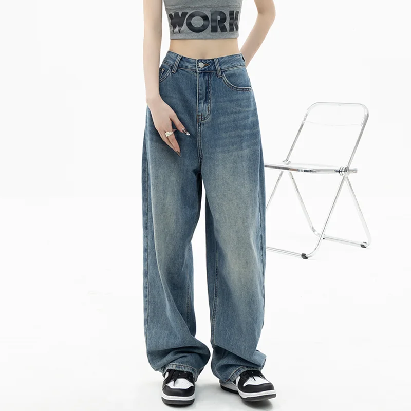 

Women's 2022 New Comfortable Recreational Blue Jeans Loose High Waist Straight Cylinder Broad Leg Mop Pants Autumn and Winter