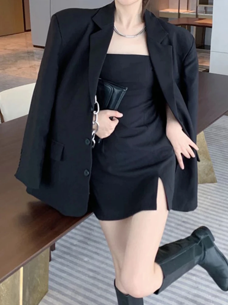 Sungtin 2022 Two Piece Women Sets Blazer Dress Suits OL Split Straps Bodycon Dresses Female Korean Oversize Elegant Jacket Coats | Женская