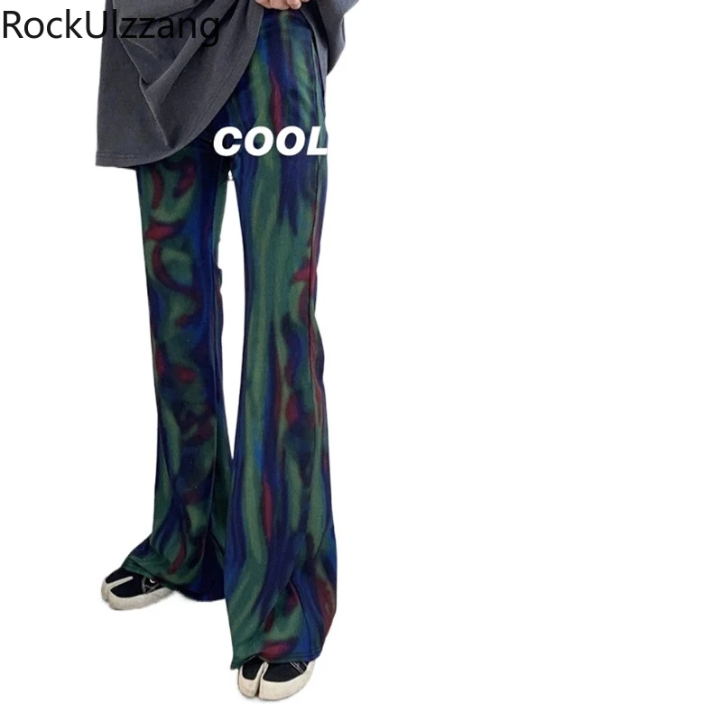 Брюки-клеш летние эластичные с высокой талией и контрастным принтом | Женская