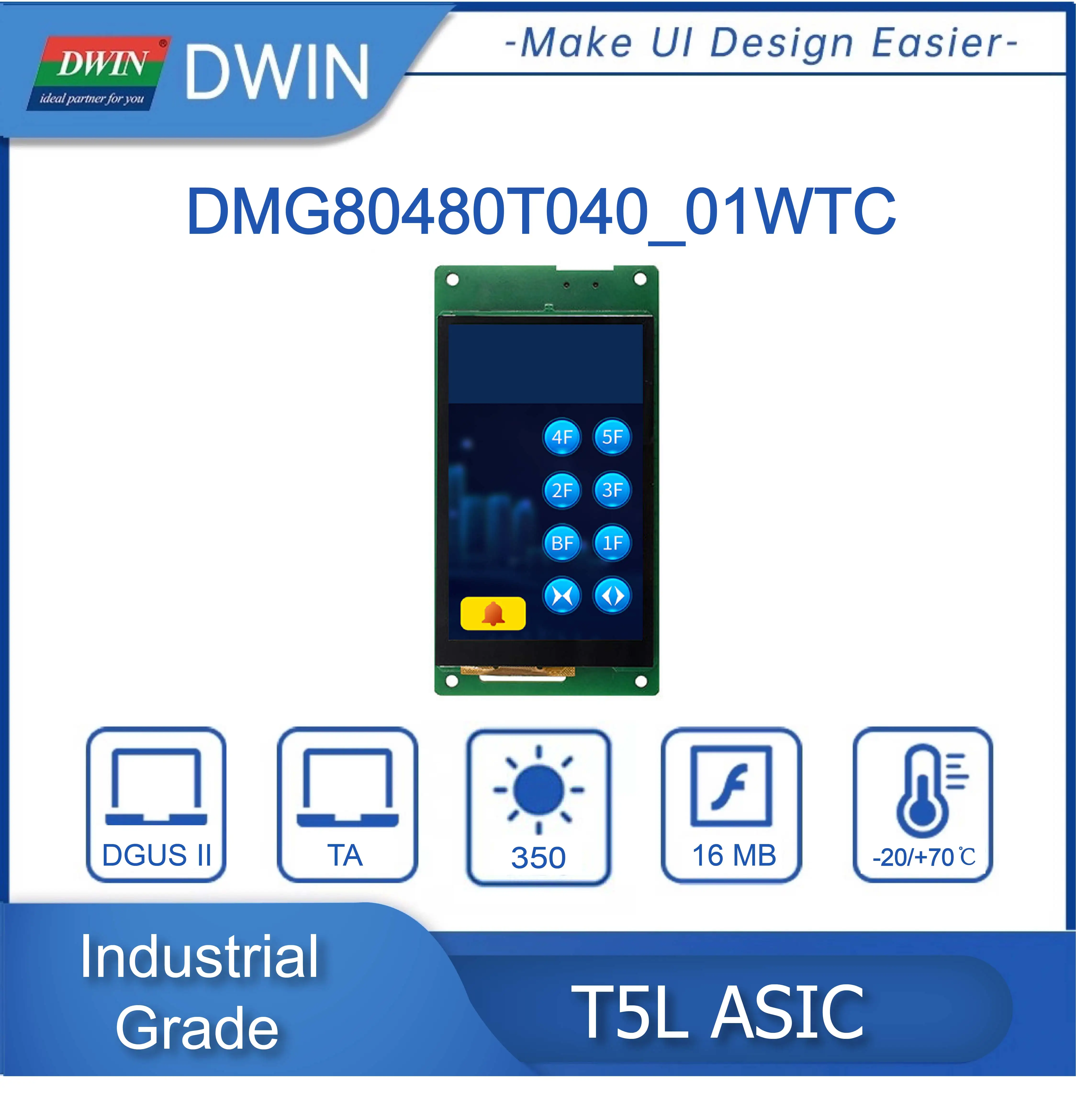 DWIN 4.0 Inch 800*RGB*480, UART LCD Module HMI Industrial Grade TFT Display Resistive Capacitive Touch Panel