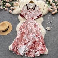 merchall 2022 summer fashion runway shirt dress womens short sleeve elegant vintage floral print belt ol midi dress m5949