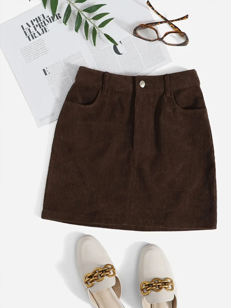 

Women High Waist Corduroy Dual Pockets Straight Mini Skirt Mini Skirt Brown Solid Button Zopper Cute Y2K Short Skirts Casual