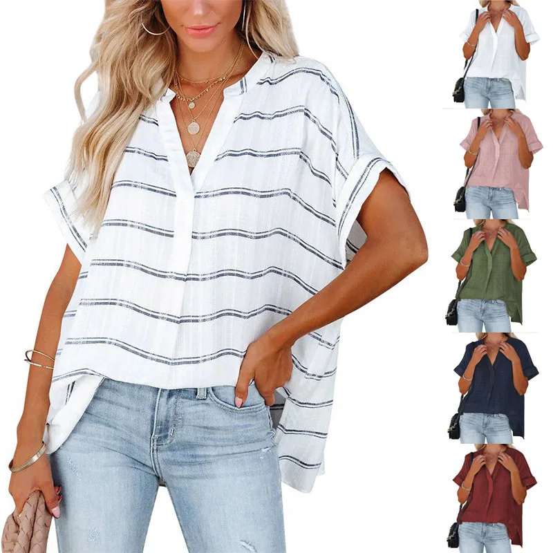 

Women's 2022 summer new short-sleeved thin V-neck pullover shirt loose shirt women