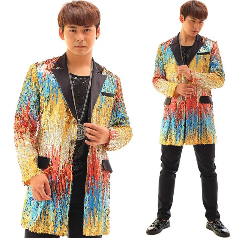 

Multicolour Paillette Long Blazer Men Latest Coat Designs Men Suit Personalized Stage Singer Punk Fashion Men'S Jackets Dance