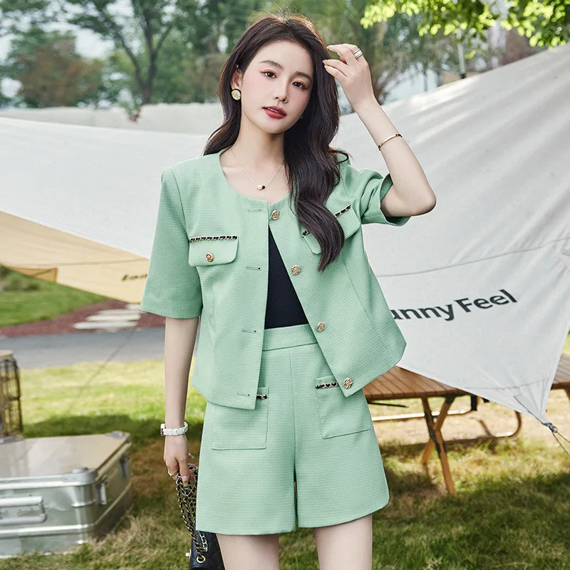 

2023 Green Suit Jacket Women's Spring and Summer Temperament Business Suit Hotel Work Clothes Women's Short Sleeve Tailored Suit